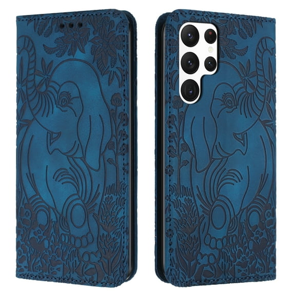Allytechgroup Slim Case for Samsung Galaxy S23 Ultra, Flip Folio Stand Cards Slots Hand Wrist Elephant Embossed Retro PU Leather Wallet Phone Case Cover for Samsung Galaxy S23 Ultra, Blue