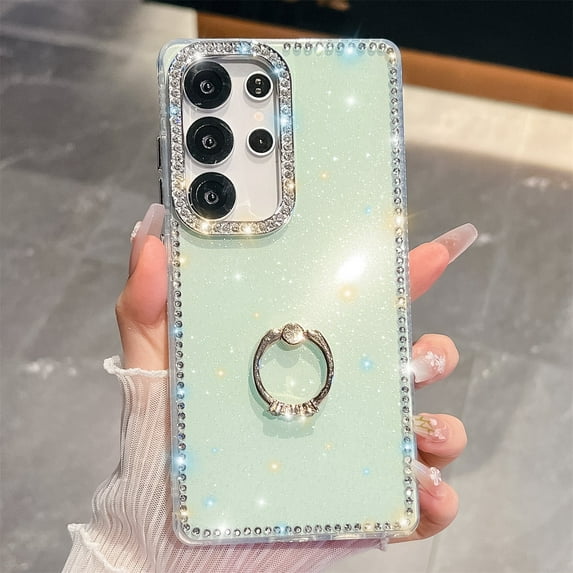Allytechgroup Slim Case for Samsung Galaxy S24 FE with Ring Holder, Bling Sparkly Diamond Rhinestones Hard PC Soft TPU Phone Shell for Women Girls Shockproof Protective Back Cover Bumper, B