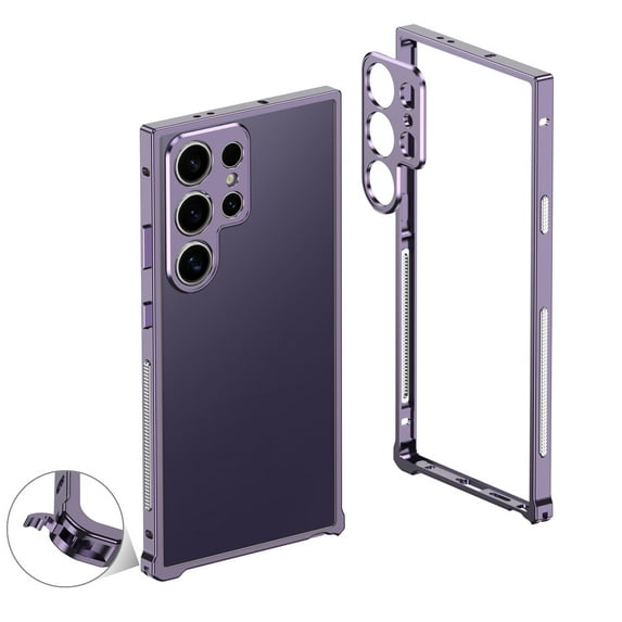 Allytechgroup Slim Case for Samsung Galaxy S24 Ultra with Camera Lens Protector, Metal Bare Frame Heat Sink Shell Seahorse Buckle Design Bare Frame Stainless Steel Heat Dissipation Net, Purple