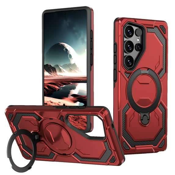 Allytechgroup Slim Case for Samsung Galaxy S25 with Stand, Compatible with Magsafe Built-in Kickstand Rugged Heavy Duty Durable Cover Case Shockproof Magnetic Protective for Women Men, Red