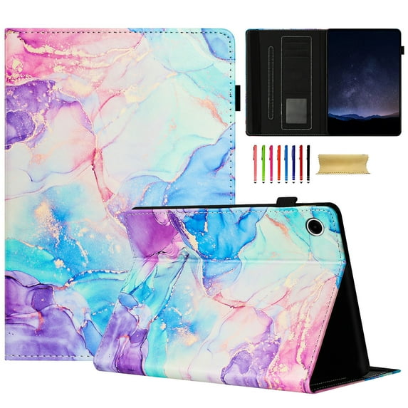Allytechgroup Slim Case for Samsung Galaxy Tab A 10.1" 2019 SM-T510 T515,Marble Series Smart Cover Drop Protection Multi Angle Viewing Stand Elastic Band Flip Cover, Purple Blue