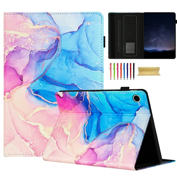 Allytechgroup Slim Case for Samsung Galaxy Tab A9+ Plus 11" SM-X210 X215 X216,Marble Series Smart Cover Auto Sleep Wake Drop Protection Multi Angle Viewing Stand Elastic Band Flip Cover, Pink Blue