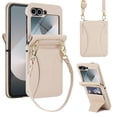 thumbnail image 1 of Allytechgroup Slim Case for Samsung Galaxy Z Flip 3 with Tempered Glass Screen Protection, Built-in Cash Slot Wrist Strap Stand Phone Case Shockproof Full Body Protective for Women Girls, Apricot, 1 of 6