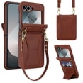 thumbnail image 1 of Allytechgroup Slim Case for Samsung Galaxy Z Flip 3 with Tempered Glass Screen Protection, Built-in Cash Slot Wrist Strap Stand Phone Case Shockproof Full Body Protective for Women Girls, Brown, 1 of 6