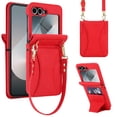 thumbnail image 1 of Allytechgroup Slim Case for Samsung Galaxy Z Flip 3 with Tempered Glass Screen Protection, Built-in Cash Slot Wrist Strap Stand Phone Case Shockproof Full Body Protective for Women Girls, Red, 1 of 6