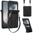 thumbnail image 1 of Allytechgroup Slim Case for Samsung Galaxy Z Flip 5 with Tempered Glass Screen Protection, Built-in Cash Slot Shoulder Strap Stand Phone Case Shockproof Full Body Protective for Women Girls, Black, 1 of 7