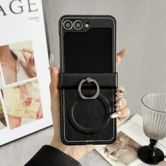 Allytechgroup Slim Case for Samsung Galaxy Z Flip 6/7 FE, PU Leather Ring Holder Kickstand Magnetic Cover Compatible with Magsafe Anti-Scratch Phone Case for Samsung Galaxy Z Flip 6/7 FE,Black