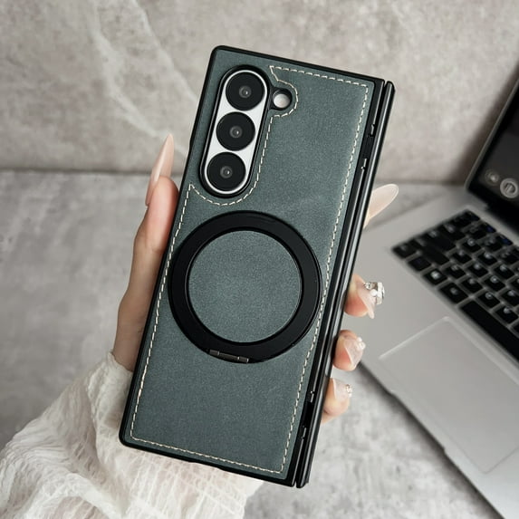 Allytechgroup Slim Case for Samsung Galaxy Z Fold 3, Built-in Ring Holder Kickstand Compatible with MagSafe PU Leather Shockproof Magnetic Protective Back Cover for Samsung Galaxy Z Fold 3, Green