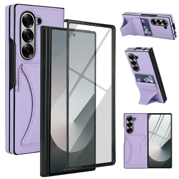 Allytechgroup Slim Case for Samsung Galaxy Z Fold 4 with Tempered Glass Screen Protection, Built-in Cash Slot Wrist Strap Stand Phone Case Shockproof Full Body Protective for Women Girls, Purple