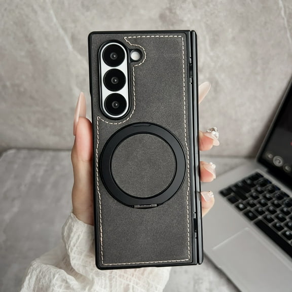 Allytechgroup Slim Case for Samsung Galaxy Z Fold 5, Built-in Ring Holder Kickstand Compatible with MagSafe PU Leather Shockproof Magnetic Protective Back Cover for Samsung Galaxy Z Fold 5, Black