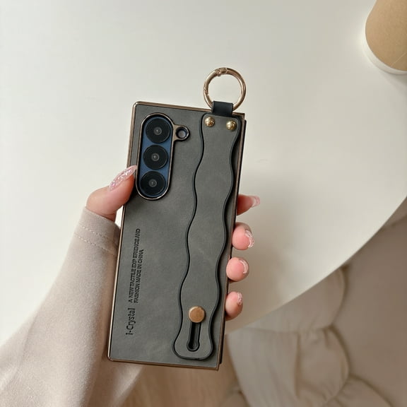Allytechgroup Slim Case for Samsung Galaxy Z Fold 5, PU Leather Phone Shell with Ring Non-Slip Comfortable Grip Shockproof Protective Back Cover for Samsung Galaxy Z Fold 5 Women Men, Gray