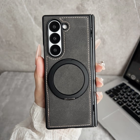 Allytechgroup Slim Case for Samsung Galaxy Z Fold 6, Built-in Ring Holder Kickstand Compatible with MagSafe PU Leather Shockproof Magnetic Protective Back Cover for Samsung Galaxy Z Fold 6, Black