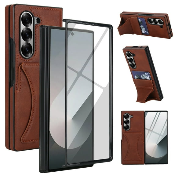 Allytechgroup Slim Case for Samsung Galaxy Z Fold 6 with Tempered Glass Screen Protection, Built-in Cash Slot Wrist Strap Stand Phone Case Shockproof Full Body Protective for Women Girls, Brown