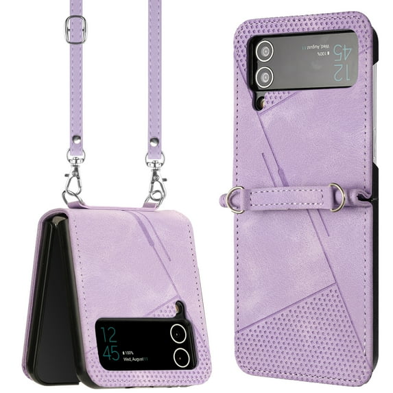 Allytechgroup Slim Case for Samsung Galaxy Z Flip4, Crossbody Shoulder Strap Anti-Scratch Shockproof Bumper Retro Case Cover for Girls Women, Purple