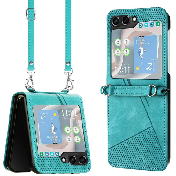 Allytechgroup Slim Case for Samsung Galaxy Z Flip5, Crossbody Shoulder Strap Anti-Scratch Shockproof Bumper Retro Case Cover for Girls Women, Green