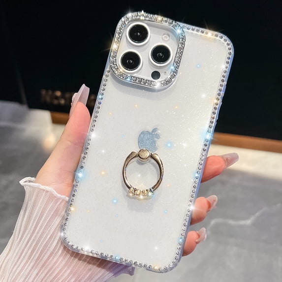 Allytechgroup Slim Case for iPhone 13 Pro Max with Ring Holder, Bling Sparkly Diamond Rhinestones Hard PC Soft TPU Phone Shell for Women Girls Shockproof Protective Back Cover Bumper, D