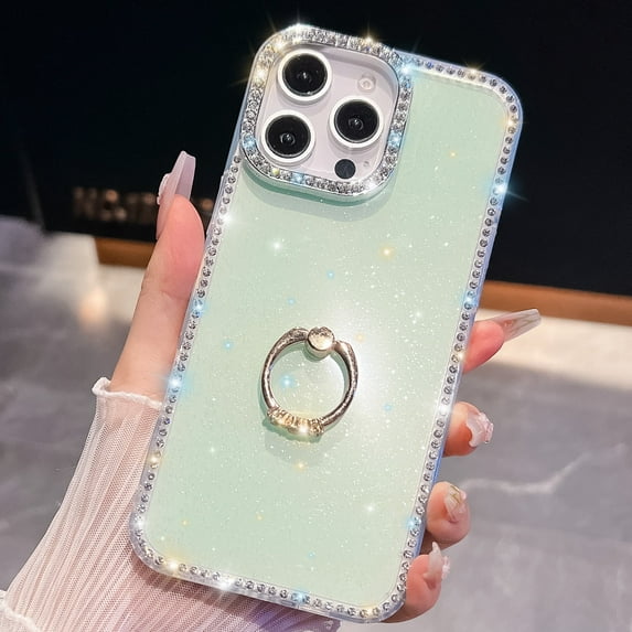 Allytechgroup Slim Case for iPhone 13 Pro with Ring Holder, Bling Sparkly Diamond Rhinestones Hard PC Soft TPU Phone Shell for Women Girls Shockproof Protective Back Cover Bumper, B