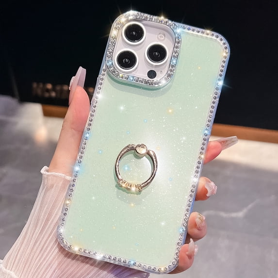 Allytechgroup Slim Case for iPhone 14 Pro with Ring Holder, Bling Sparkly Diamond Rhinestones Hard PC Soft TPU Phone Shell for Women Girls Shockproof Protective Back Cover Bumper, B