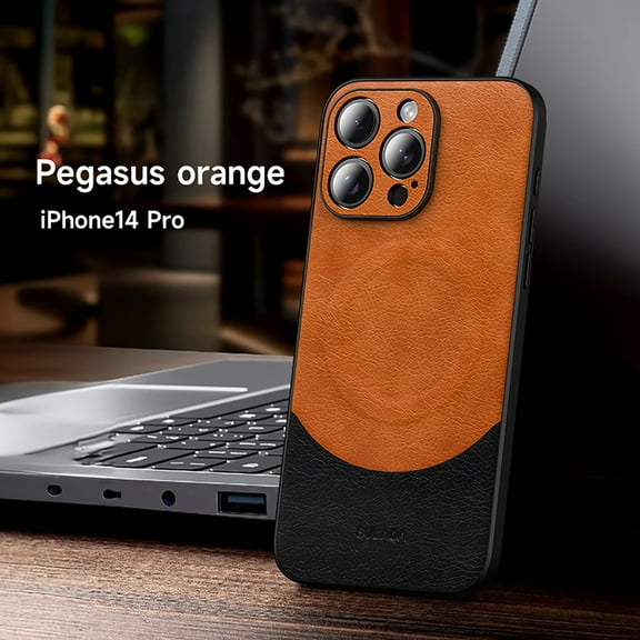 Allytechgroup Slim Case for iPhone 14 Pro, Strong Magnetic [Compatible with MagSafe] Business Case, Luxury PU Leather Screen Lens Protection Shockproof Cover Case for iPhone 14 Pro, Orange