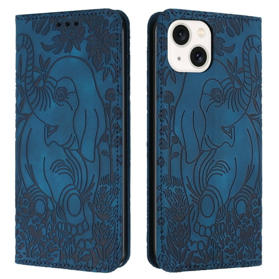 Allytechgroup Slim Case for iPhone 15, Flip Folio Stand Cards Slots Hand Wrist Elephant Embossed Retro PU Leather Wallet Phone Case Cover for iPhone 15, Blue
