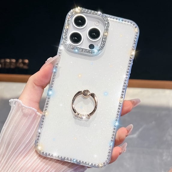 Allytechgroup Bling Sparkly Diamond Rhinestones Slim Cell Phone Case with Ring Holder for Apple iPhone 15