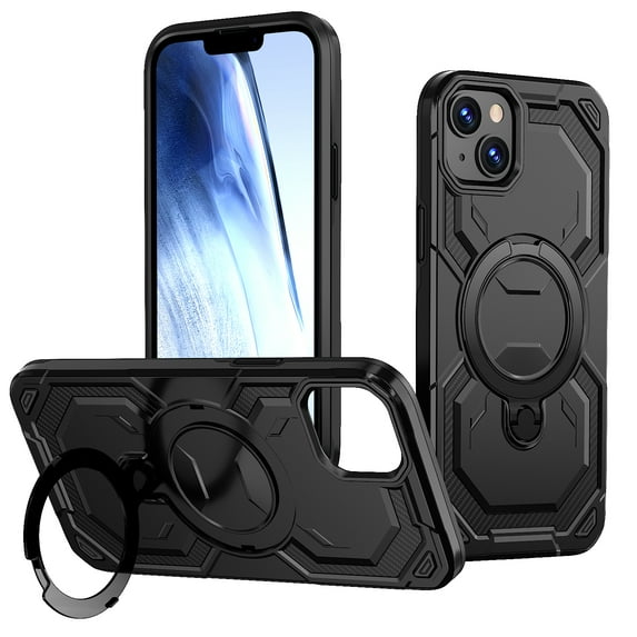 Allytechgroup Slim Case for iPhone 15 with Stand, Compatible with Magsafe Built-in Kickstand Rugged Heavy Duty Durable Cover Case Shockproof Magnetic Protective for Women Men, Black
