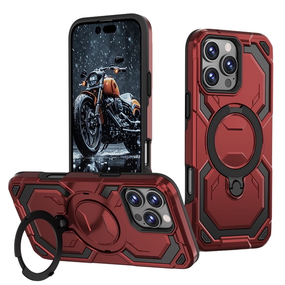 Allytechgroup Slim Case for iPhone 16 Pro Max with Stand, Compatible with Magsafe Built-in  Kickstand Rugged Heavy Duty Durable Cover Case Shockproof Magnetic Protective for Women Men, Red