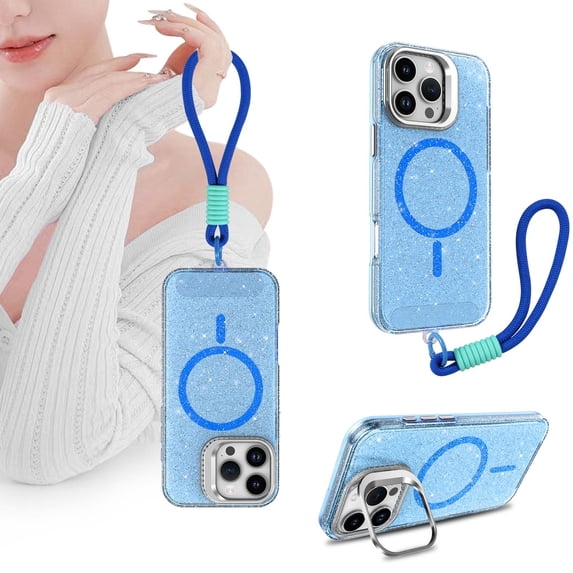 Allytechgroup Slim Case for iPhone 16e, Compatible with Mag-safe Bling Sparkly Phone Shell with Camera Lens Kickstand & Wrist Strap Shockproof Magentic Back Cover for iPhone 16e, Blue