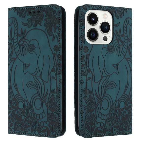 Allytechgroup Slim Case for iPhone 16e, Flip Folio Stand Cards Slots Hand Wrist Elephant Embossed Retro PU Leather Wallet Phone Case Cover for iPhone 16e, Green