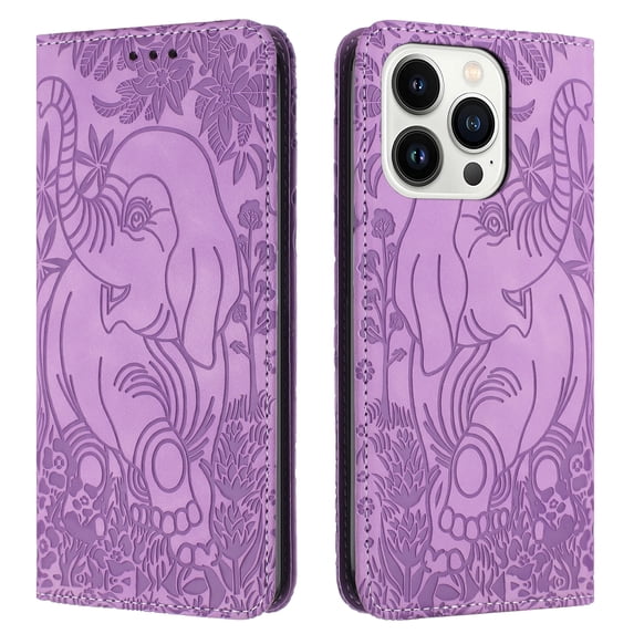 Allytechgroup Slim Case for iPhone 16e, Flip Folio Stand Cards Slots Hand Wrist Elephant Embossed Retro PU Leather Wallet Phone Case Cover for iPhone 16e, Purple