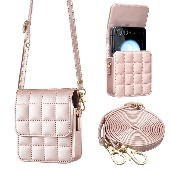 Allytechgroup Slim Faux Leather Crossbody Bag for Motorola Razr 2024, Lightweight Shock-Absorbent Non-Slip Mini Purse with Magnetic Closure for Motorola Razr 2024 Women Travel, Rosegold