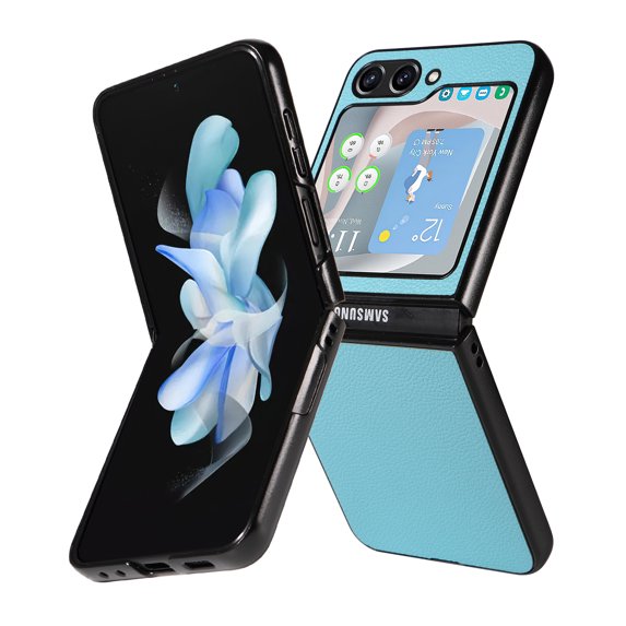 Allytechgroup Slim Fit Phone Case for Samsung Galaxy Z Flip5, Hard PC PU Leather Back Cover Anti-Scratch Drop Protection Shockproof Case Cover for Galaxy Z Flip 5, Skyblue