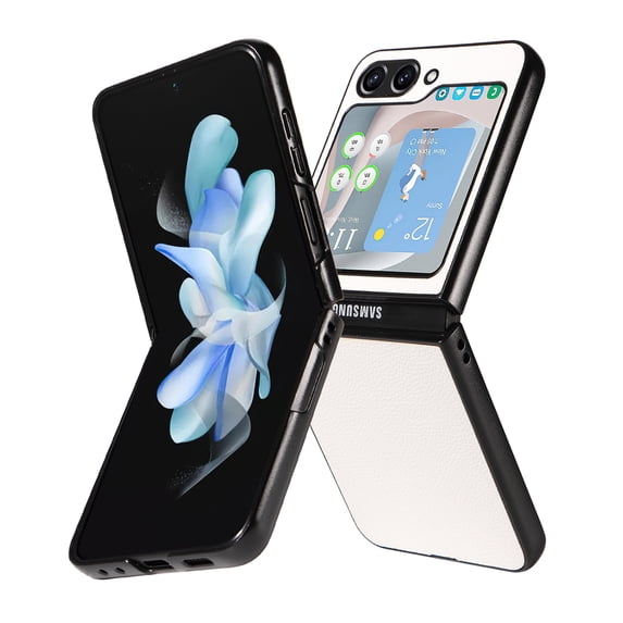 Allytechgroup Slim Fit Phone Case for Samsung Galaxy Z Flip5, Hard PC PU Leather Back Cover Anti-Scratch Drop Protection Shockproof Case Cover for Galaxy Z Flip 5, White