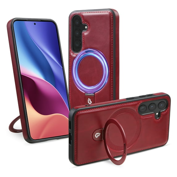 Allytechgroup Slim Magnetic Case for Samsung Galaxy S22, Support Wireless Charging, Premium PU Leather Retro Cover with Ring Holder Stand, Shockproof Protective Case, Winered