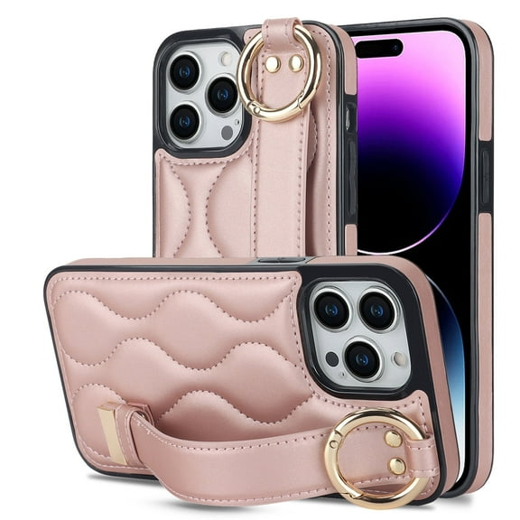 Allytechgroup Slim Phone Case for Apple iPhone 16 Pro, with Hand Strap & Ring Holder Easy to Handle Shockproof Anti-Fingerprint Anti-Slip Stand Protective Case Cover for Women Men,Rosegold