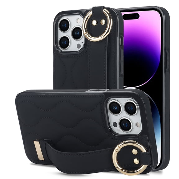 Allytechgroup Slim Phone Case for Apple iPhone 16 Pro, with Hand Strap & Ring Holder Easy to Handle Shockproof Anti-Fingerprint Anti-Slip Stand Protective Case Cover for Women Men,Black