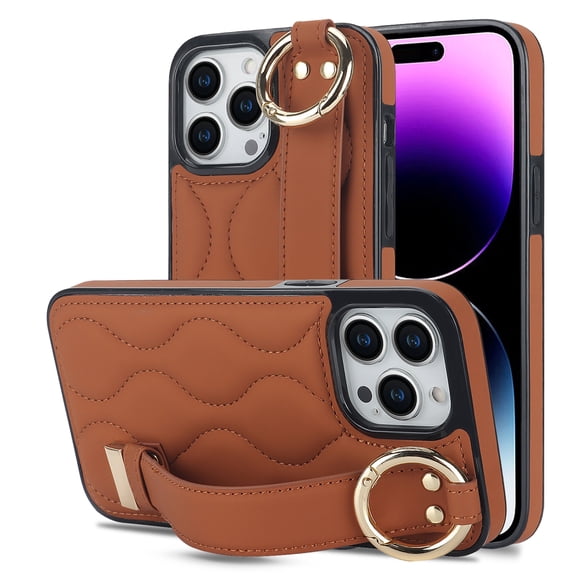 Allytechgroup Slim Phone Case for Apple iPhone 16 Pro, with Hand Strap & Ring Holder Easy to Handle Shockproof Anti-Fingerprint Anti-Slip Stand Protective Case Cover for Women Men,Brown