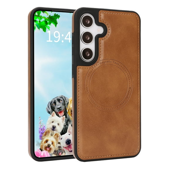 Allytechgroup Slim Phone Case for Samsung Galaxy S24 FE, [Compatile with Magsafe] Magnetic Back Cover Anti-Scratch Lightweight Shockproof Retro PU Leather Shell Case for Women Men, Darkbrown