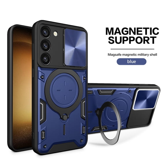 Allytechgroup Slim Rugged Case for Samsung Galaxy S25+, Built-in 1 Pack Screen Protector & 360°Rotate Ring Stand [Slide Lens Cover] Magnetic Car Mount Hybrid Shockproof Anti-Fall Cover, Blue