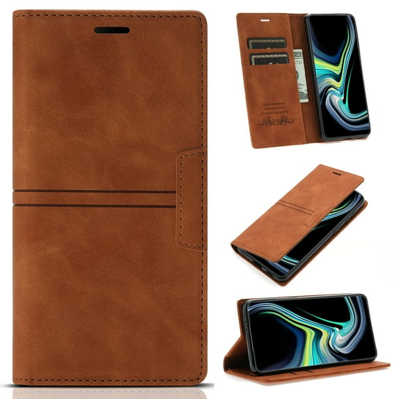 Allytechgroup Slim Wallet Case for iPhone 16 Plus with Card Slots & Cash Pocket, Luxury PU Leather Kickstand Magnetic Closure Shockproof Anti-Drop Protective Flip Cover Case, Brown