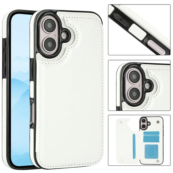 Allytechgroup Slim Wallet Case for iPhone 16 Plus, Flip PU Leather Kickstand Card Slots Case, Double Magnetic Buttons Shockproof Full Body Protection Durable Case for Women Men, White