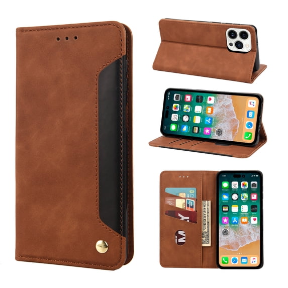 Allytechgroup Slim Wallet Case for iPhone 16 Pro Max, Luxury PU Leather + Soft TPU Cover with Card Slots & Cash Pocket, Magnetic Closure Kickstand Shockproof Business Case for Women Men, Brown