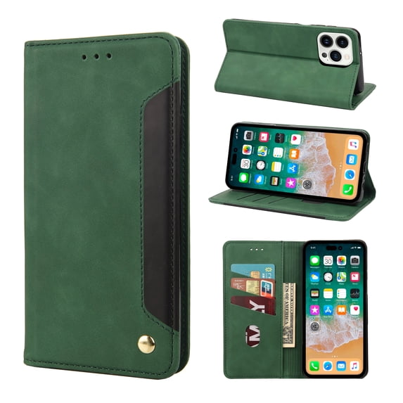 Allytechgroup Slim Wallet Case for iPhone 16 Pro Max, Luxury PU Leather + Soft TPU Cover with Card Slots & Cash Pocket, Magnetic Closure Kickstand Shockproof Business Case for Women Men, Green