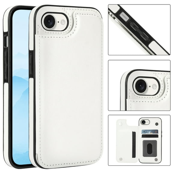 Allytechgroup Slim Wallet Case for iPhone 16e, Flip PU Leather Kickstand Card Slots Case, Double Magnetic Buttons Shockproof Full Body Protection Durable Case for Women Men, White