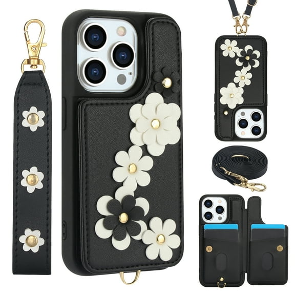 Allytechgroup Stylish Flower Design Apple iPhone 13 Pro Max Wallet Case, Shockproof Phone Case with Cards Holder, Hand Strap, and Crossbody Shoulder Strap Luxury Case for iPhone 13 Pro Max, Black