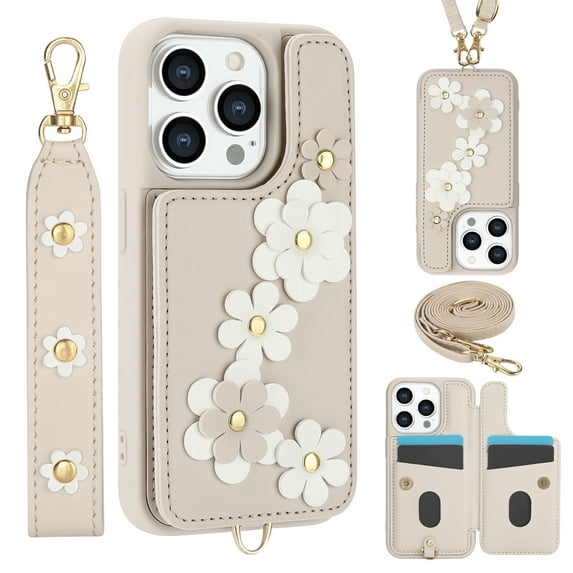 Allytechgroup Stylish Flower Design Apple iPhone 14 Wallet Case, Shockproof Phone Case with Cards Holder, Hand Strap, and Crossbody Shoulder Strap Luxury Case for iPhone 14, White