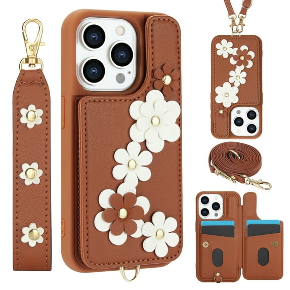 Allytechgroup Stylish Flower Design Apple iPhone 15 Plus Wallet Case, Shockproof Phone Case with Cards Holder, Hand Strap, and Crossbody Shoulder Strap Luxury Case for iPhone 15 Plus, Brown