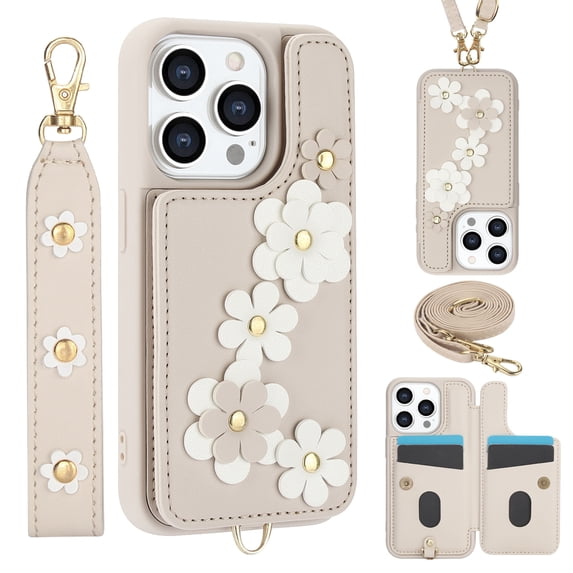 Allytechgroup Stylish Flower Design Apple iPhone 15 Plus Wallet Case, Shockproof Phone Case with Cards Holder, Hand Strap, and Crossbody Shoulder Strap Luxury Case for iPhone 15 Plus, White