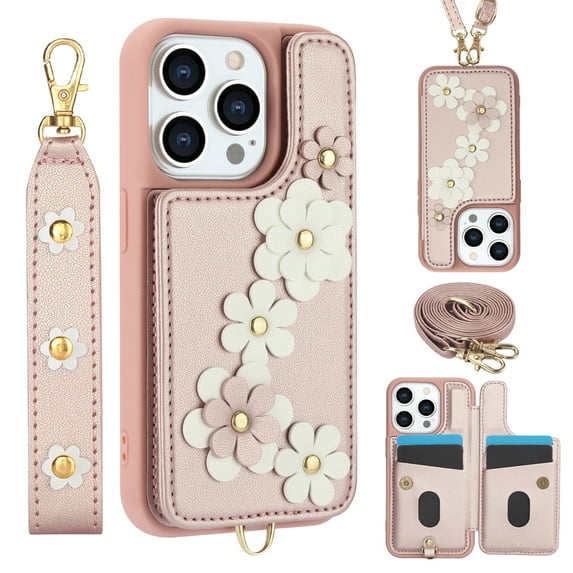 Allytechgroup Stylish Flower Design Apple iPhone 8 Plus/ 7 Plus Wallet Case, Shockproof Phone Case with Cards Holder, Hand Strap, and Crossbody Shoulder Strap Case for iPhone 8 Plus/ 7 Plus, Rosegold