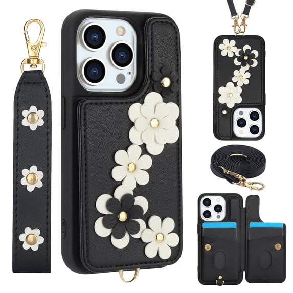 Allytechgroup Stylish Flower Design Apple iPhone XS Max Wallet Case, Shockproof Phone Case with Cards Holder, Hand Strap, and Crossbody Shoulder Strap Luxury Case for iPhone XS Max, Black